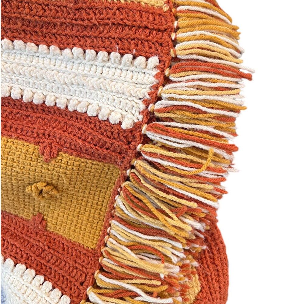 Handmade Afghan Retro Crochet Blanket Striped Orange Yellow 70s Fringe 66"x67" - Picture 4 of 5
